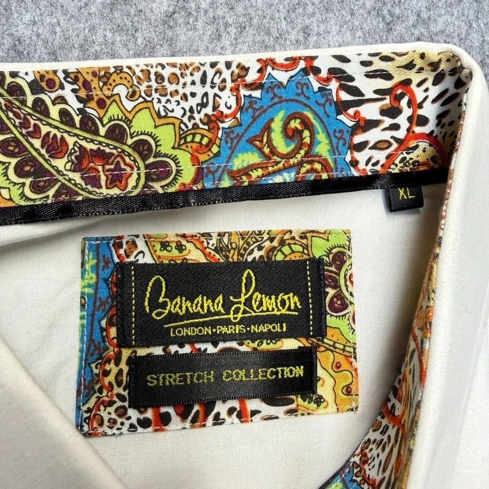 Banana Lemon Button Down Mens XL Paisley Contrast Stretch Cotton White Solid